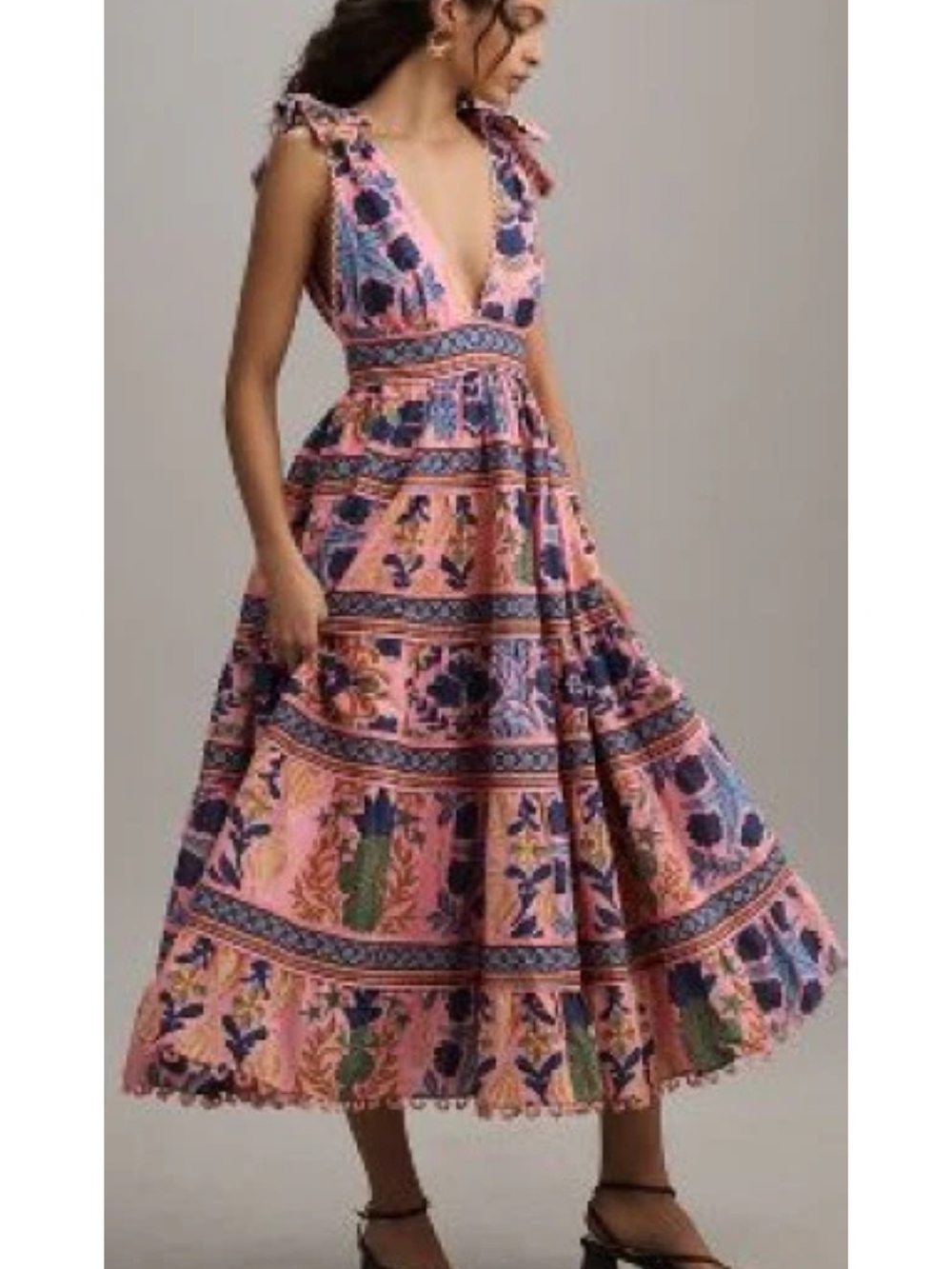 Farm Rio Seashell Tapestry Tiered Pink Midi Dress